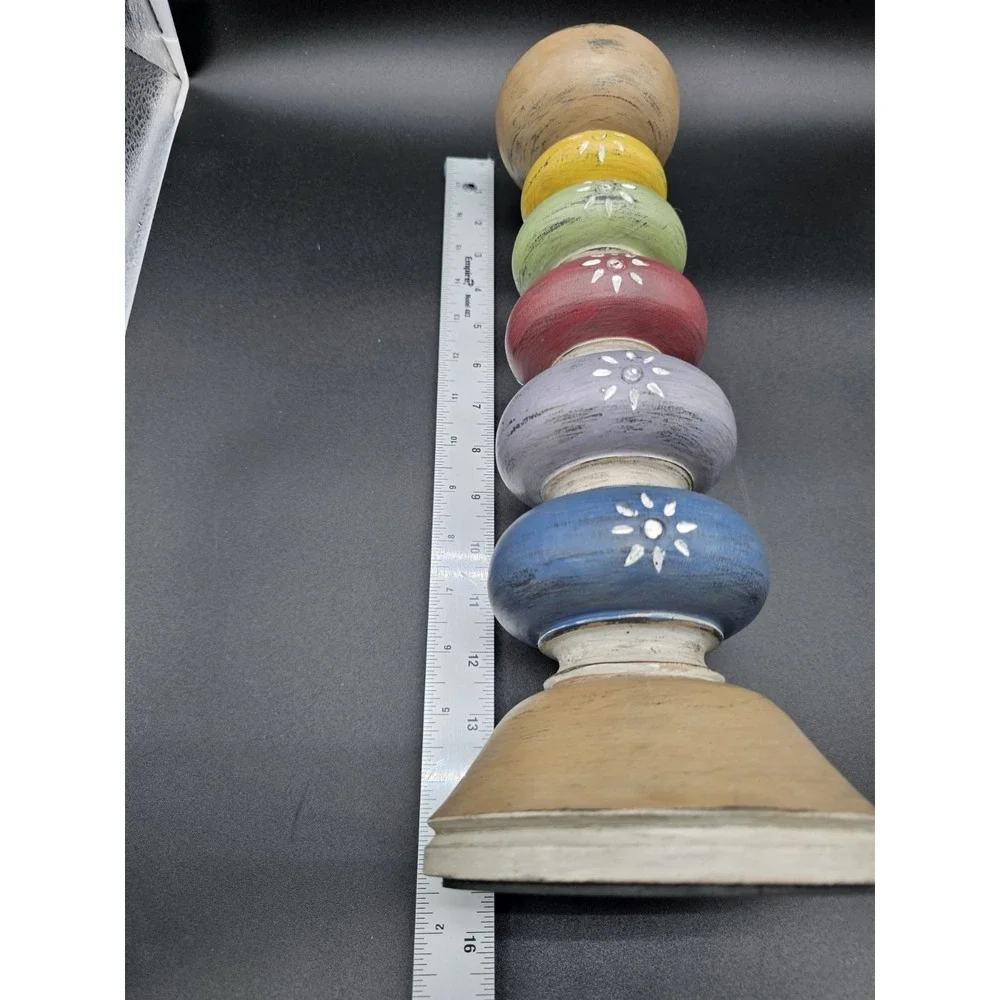 Pier 1 Tall Wooden Pillar Candlestick Rainbow Colors